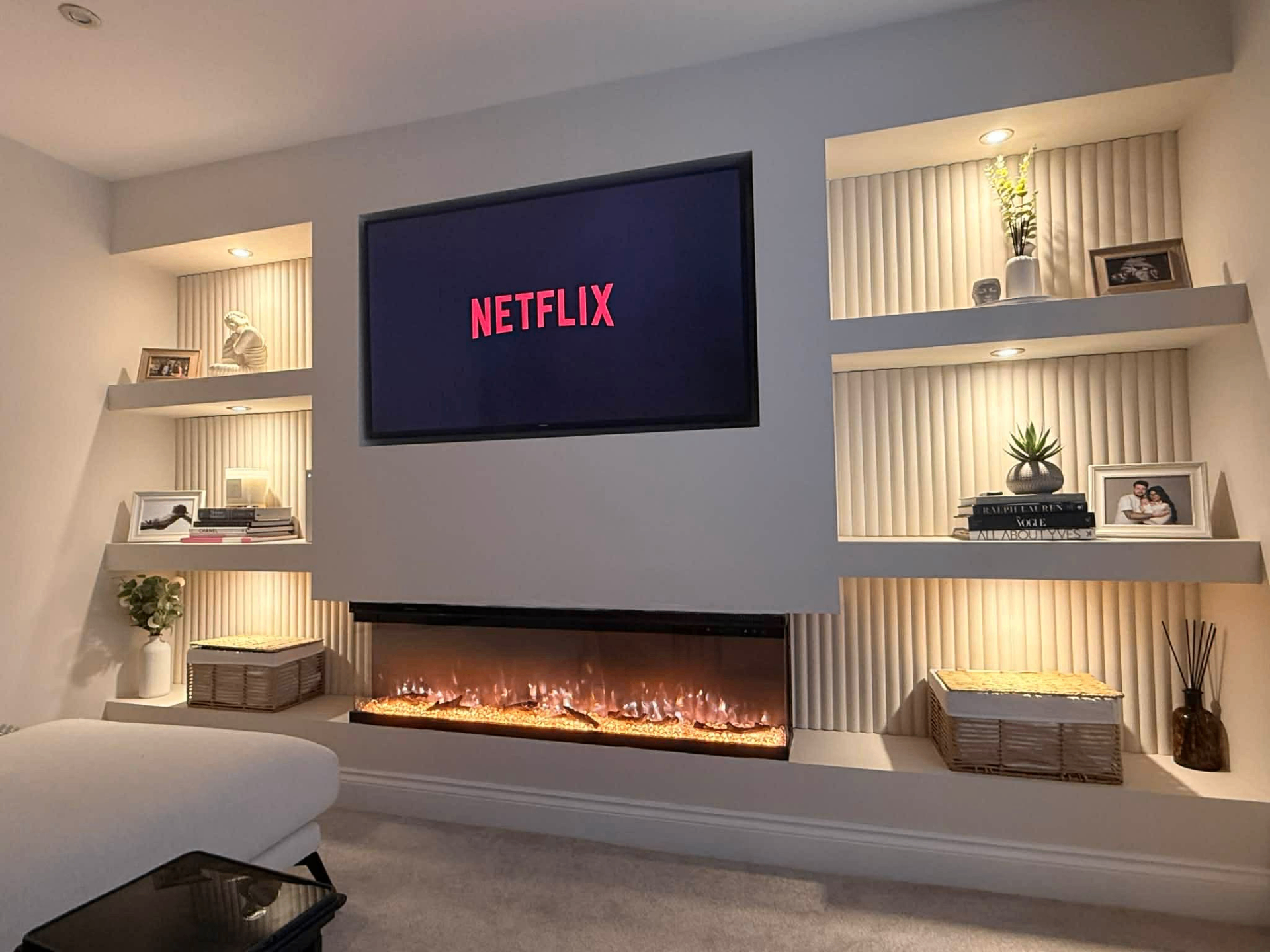 Fluted Media Wall with Fireplace